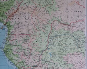 1922 CENTRAL AFRICA (Western Section) Large Original Antique Times Atlas Physical Map - Congo - Gabon - Guinea - Cameroon - Chad - Sudan