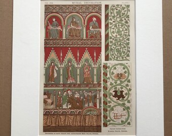 1875 Mural Decoration on North Chancel Wall, Amencharads Rada Church and Kumla Church - Sweden Original Antique Lithograph Available Framed