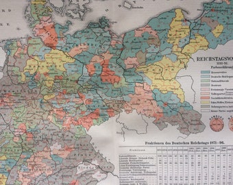 1896 State Elections Original Antique Map - Politics - Political Party - Available Framed - Cartography - Germany