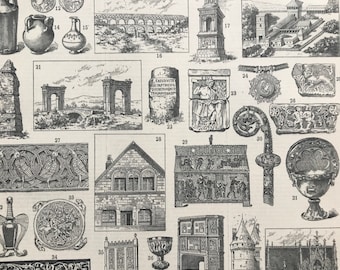 1897 French Fine Arts Original Antique Print - France - Architecture, Urn, Aqueduct - Mounted and Matted - Available Framed