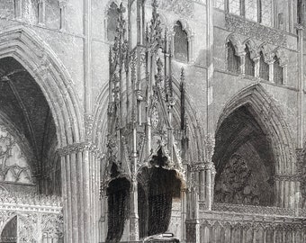 1838 Exeter Cathedral - The Bishop's Throne Original Antique Engraving - Devon - Architecture - Mounted and Matted - Available Framed