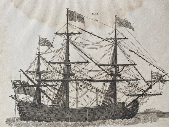 1806年 錨泊中の索具付き一等軍艦 オリジナルアンティーク彫刻 - 帆船 