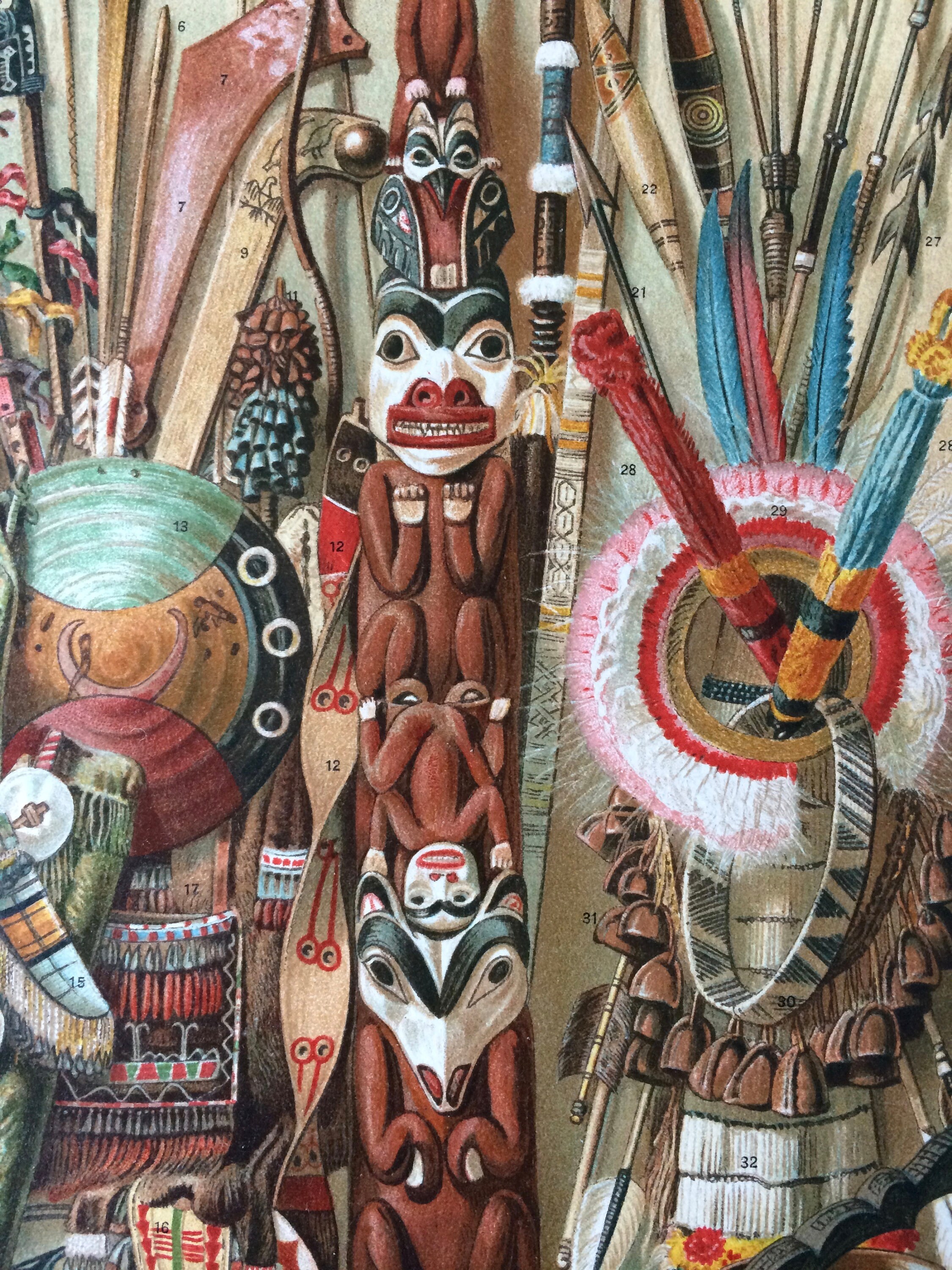 1896 Native American Culture Original Antique Lithograph Mounted and