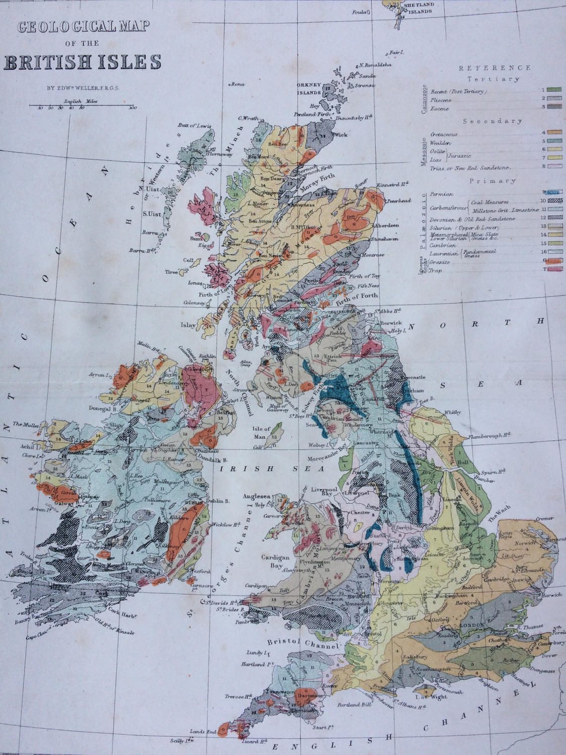 1871 Geological Map of the British Isles Original Antique Map by Edward