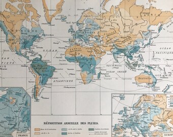 1897 Annual Distribution of Rain Original Antique Map - Meteorology - World Map - Mounted and Matted - Available Framed