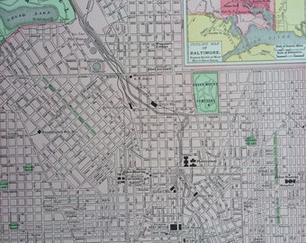 1898 BALTIMORE Original Antique City Plan Map, 11 x 14 inches, Rand McNally, Home Decor, Cartography, Geography, Vintage Decor