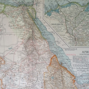 1903 Nordost-Afrika Original große antike Landkarte mit Nebenkarte des Nilmündung und Suezkanals - Ägypten -lönda - Libyen - Äthiopien