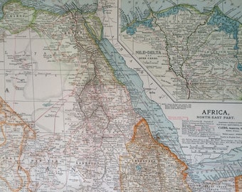 1903 Northeast Africa Original Large Antique Map with inset map of the Nile Delta and Suez Canal - Egypt - Sudan - Libya - Ethiopia