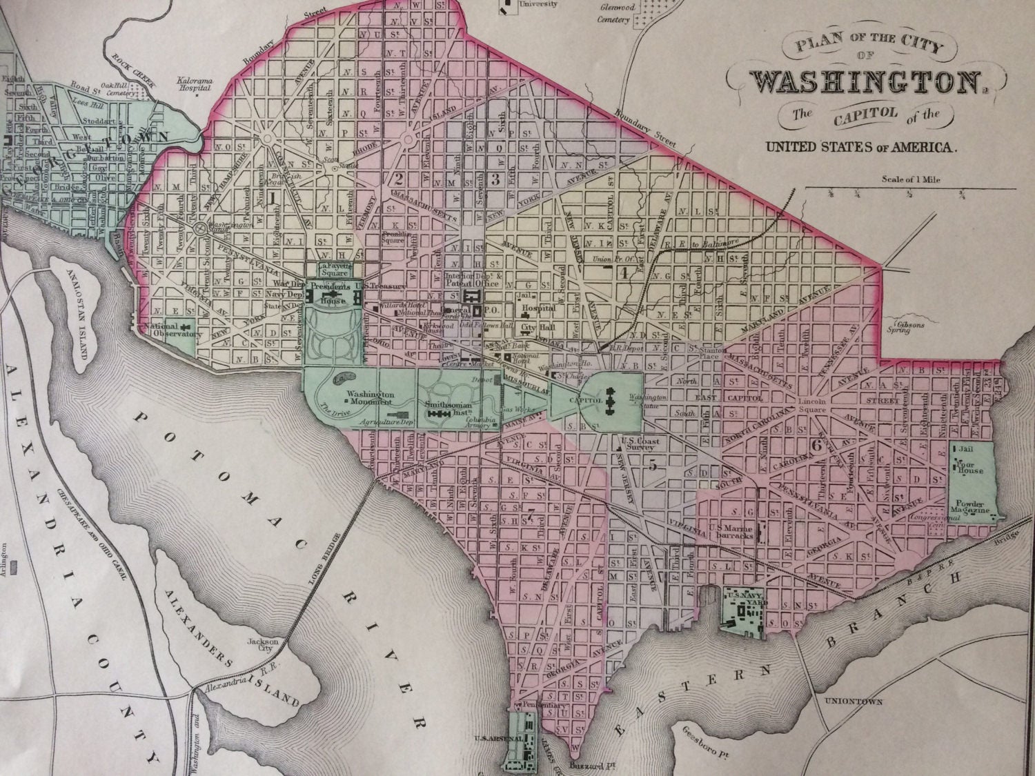 1888 WASHINGTON DC large rare original antique Mitchell Map - City Plan 