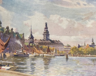 1928 Denmark - Copenhagen, Christiansborg Castle Original Antique Print - Mounted and Matted - Available Framed