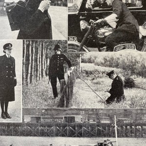 以下が含まれることがあります： さまざまな状況の警察官を描いたヴィンテージ画像のコラージュ。無線機を使用する警官、車やバイクの近くにいる警官、水上の警察ボートなどのシーンが含まれています。画像は白黒です。
