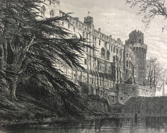 1876 Warwick Castle from the West Original Antique Wood Engraving - Mounted and Matted - Architecture - Warwickshire - Available Framed