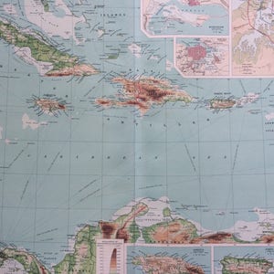1922 WEST INDIES Großer Original Antiker Times Atlas Physische Landkarte mit Nebenkarten von Kingston, Havanna, Jamaika, Porto Rico und Trinidad