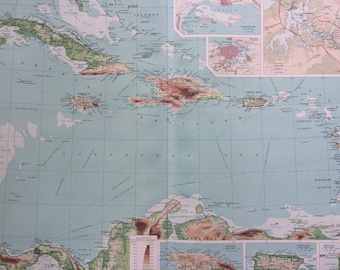 1922 WEST INDIES Large Original Antique Times Atlas Physical Map with inset maps of Kingston, Havana, Jamaica, Puerto Rico and Trinidad