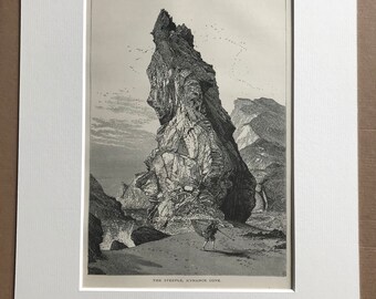 1876 The Steeple, Kynance Cove Original Antique Wood Engraving - Mounted and Matted - Cornwall - Rocks - Seascape - Available Framed