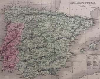 1858 Spain & Portugal Original Antique Map - Available Framed - Gift Idea - Vintage Map - Wall Decor