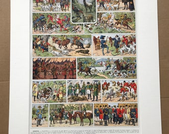 1933 Hunting (Venery) Original Antique Print - Cerf, Venaison, Gibier, Chasse au renard - Monté et emmêlé - Disponible Encadré