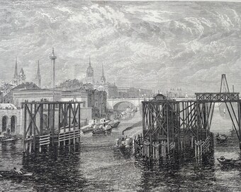1864 The Southeastern Railway Company's Works on the River - View from Southwark Bridge Original Antique Print - Available Framed