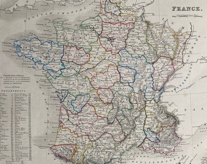 Featured listing image: 1853 France Original Antique Map showing railways and diagram of tallest mountains - Hand-Coloured Vintage Wall Map