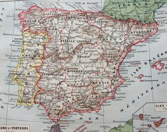 1923 Spain and Portugal Original Antique Map with inset map of Canary Islands - Mounted and Matted - Available Framed - Iberia