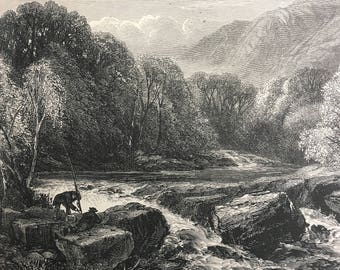 1876 On the River Lledr Original Antique Wood Engraving - Mounted and Matted - Afon Lledr - Wales - Landscape - Available Framed