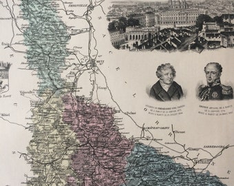 1890 Meurthe et Moselle Original Antique Map - Department of France - Inset Steel Engravings of Nancy and Local Dignitary Portraits