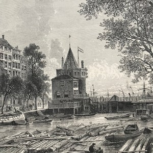1876 Weeper&#39;s Tower, Amsterdam Original Antique Wood Engraving - Mounted and Matted - Available Framed - Netherlands - Holland