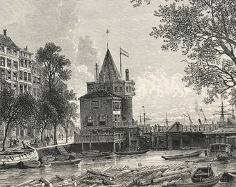 1876 Weeper's Tower, Amsterdam Original Antique Wood Engraving - Mounted and Matted - Available Framed - Netherlands - Holland
