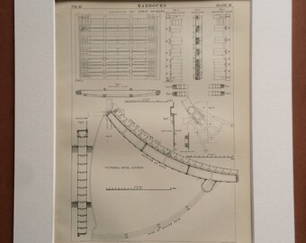 1875 Harbours Original Antique Matted Engraving - Great Grimsby, Victoria Dock London, Technical Diagram - Matted & Available Framed