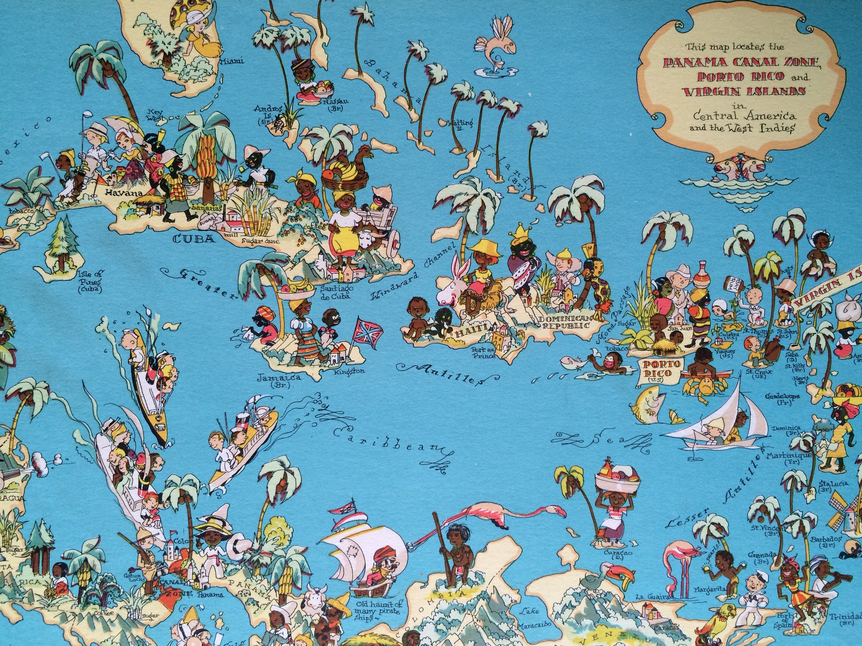 1935 West Indies Showing Panama Canal Zone Puerto Rico And Virgin Islands Original Vintage Cartoon Map Mounted And Matted