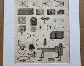 1806 Catoptrics, Chaff Cutter, Crabs Original Antique Engraving - Encyclopaedia - Mounted and Matted - Available Framed