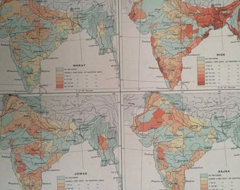 1908 India (Agricultural Products) Original Antique Map - Available Mounted and Matted and Framed - Cartography - Farming - Agriculture