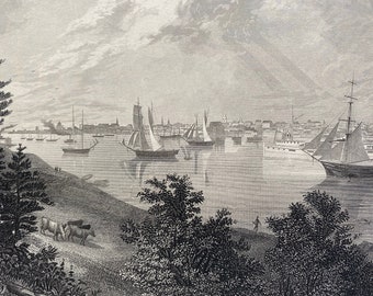 1895 The City of Detroit Original Antique Engraving - Michigan - Harbour - Mounted and Matted - Available Framed