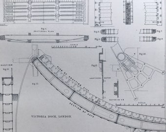 1875 Harbours Original Antique Print - Great Grimsby and Victoria Dock, London - Diagram - Section - Mounted and Matted - Available Framed