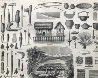 1896 Stilt Houses Original Antique Print - Architecture - Lake Dwellings - Artefact - Archaeology