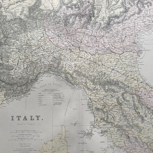 Italie (nord) 1882 grande carte ancienne originale avec carte de la Sardaigne - histoire italienne - carte couleurs pastel - décoration murale