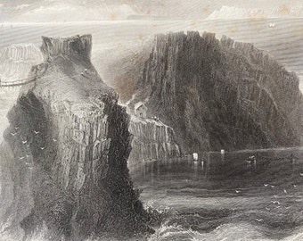 1840 Carrick a Rede, County Antrim Original Antique Engraving - Landscape Scenery - Ireland - Mounted and Matted - Available Framed
