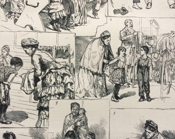 1883 The London Samaritan Society's Distribution of Boots and Clothing to Poor Children Original Antique Engraving - Victorian Decor