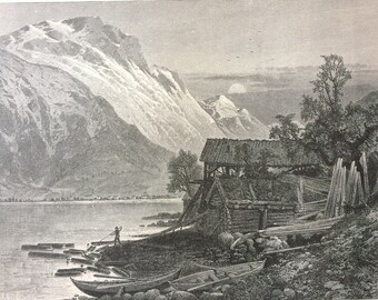 1876 Sor Fjord Original Antique Wood Engraving - Mounted and Matted - Norway - Hardanger - Sorfjorden - Landscape - Decorative Art