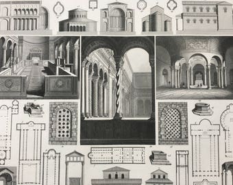 1849 Roman Architecture Large Original Antique Print - Mounted and Matted - Available Framed - Church - Romanesque Abbey - Victorian Decor
