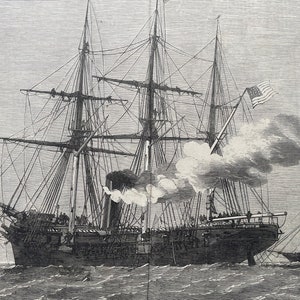 1864 The Duel off Cherbourg between the Alabama and the Kearsarge - The Alabama sinking Original Antique Engraving - Available Framed