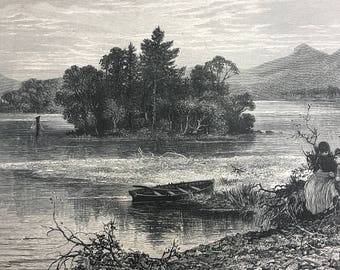 1876 Silver Strand, Loch Katrine Original Antique Wood Engraving - Mounted and Matted - Scottish Highlands - Landscape - Available Framed
