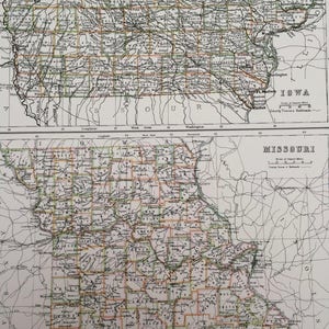 Grande carte noire originale de 1898 de l'Iowa et du Missouri en A et C - États-Unis - Décoration murale victorienne - Idée cadeau de mariage