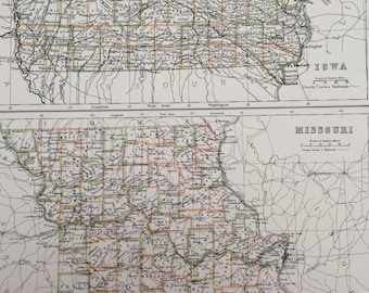 1898 Iowa and Missouri Large Original Antique A & C Black Map - United States - Victorian Wall Decor - Wedding Gift Idea