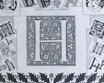 1897 Letter H - Decorative Alphabet Letter Original Antique Print - Birthday Gift - Mounted and Matted - Available Framed