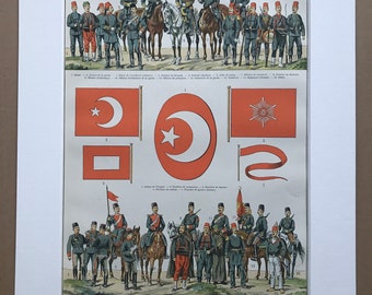 1897 Turkey - Army and Flags Original Antique Print - Military Decor - Turkish History - Mounted and Matted - Available Framed