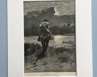 1889 Friends or Foes by Gordon Browne Original Antique Engraving - Cowboy - Traveller - Victorian Decor - Available Framed