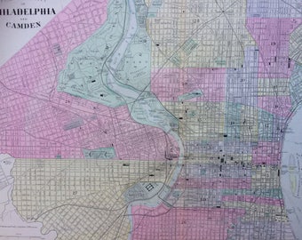 1888 PHILADELPHIA and CAMDEN large rare original antique Mitchell Map - City Pan - City Map -  Wall Decor - Home Decor - Gift Idea