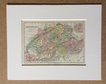 1895 Switzerland Original Antique World Map - Mounted and Matted - 8 x 10 inches - Framed Map - Gift Idea - Framed Vintage Art