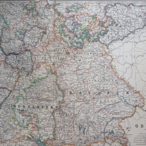 1907 ドイツ帝国 (南) 大型オリジナルアンティーク地図、地図作成、歴史地図、壁装飾、家の装飾、W & A. K ジョンストン アトラス